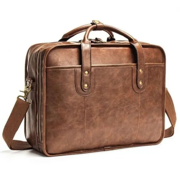 NEW Brown Leather Briefcase 15.6 Inch Laptop Bag Travel Messenger Bag - Picture 5 of 11
